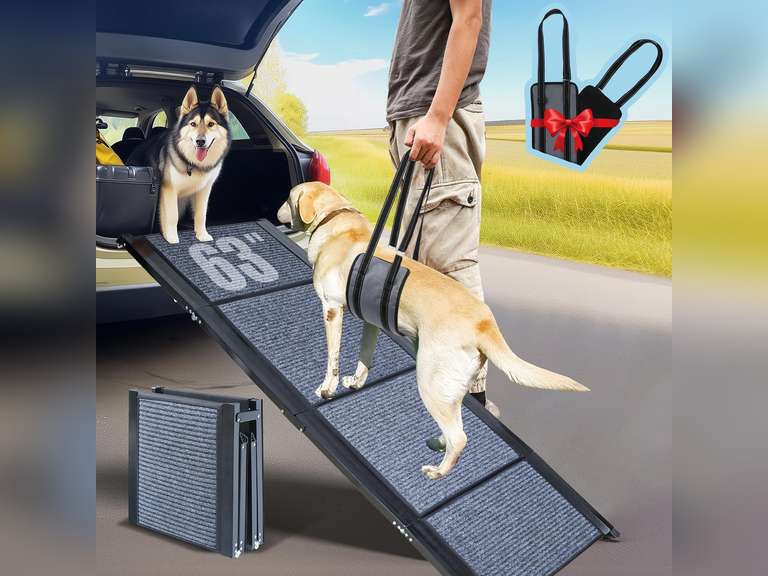 63" Long Dog Ramp for Car, Foldable Dog Ramps for Large Dogs, Portable Dog Ramp for Truck, 17" Wide Dog Car Ramp with Non-Slip Rug Surface, Pet Ramp for Large Dogs Up to 200LBS for Car, SUV & Truck-L 64