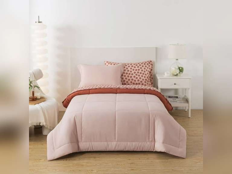 Mainstays 5-Piece Reversible Bed in a Bag Comforter Set with Sheets, Pink Blush, Twin-XL 42