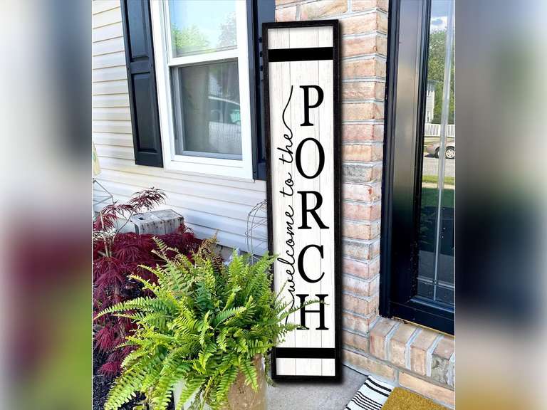 Welcome To The Porch Sign For Front Porch Standing 45"X9" Wood Frame Large Rustic Farmhouse Outdoor Tall Board Welcome Sign Modern Home Outside Front Door Vertical Wall Decor (Black) 40