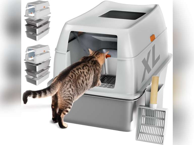 Tom & Sora Creations Stainless Steel Sifting Litter Box, Sifting Cat Litter Box for Pine Pellets and Clay Litter, Multifunctional, Low Maintenance, Odor Free, Leak Free, Enclosed, XL, Grey 100
