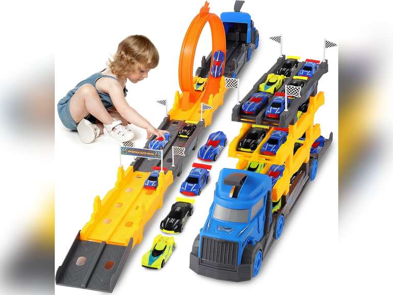 Truck & Cars Toy Set for 3 4 5 6 7 8 Years Old Boy Kids Birthday Gift, 57 Inch Spliceable Deformating Carrier Truck Playset with 360 Degree Rotating Race Track and 4 Race Cars 40