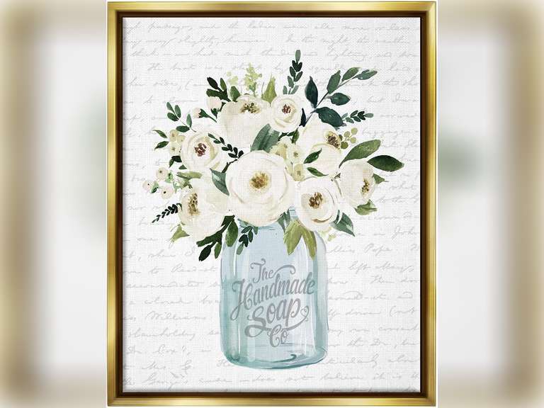 Stupell Industries White Blooms Flower Bouquet Classic Jar Script, Design by Lettered and Lined, 24 x 30, Gold Floater Framed 30