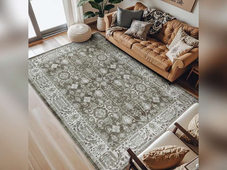 jinchan Vintage Area Rug 8x10 Living Room Washable Indoor Distressed Classic Floral Carpet Accent Mat Non Slip Rug Soft Low Pile Retro Carpet for Bedroom Bathroom Home Office Decor Brown 170