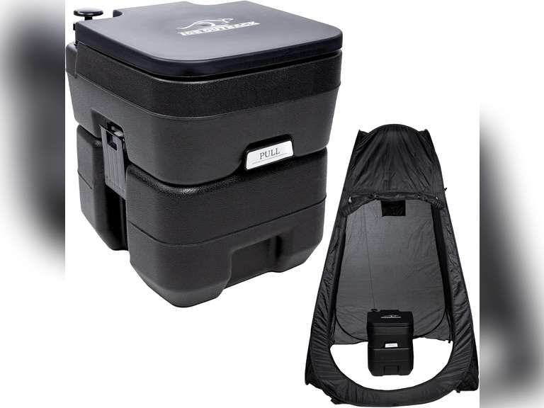 Camping Toilet w/Privacy Tent 2.5 Gallon Fresh Water Camp Toilet for up to 50 Clean Flushes Odorless & Heat Resistant Portable Camping Toilet PE Camping Potty w/ 5.3 Gallon Waste Tank 134