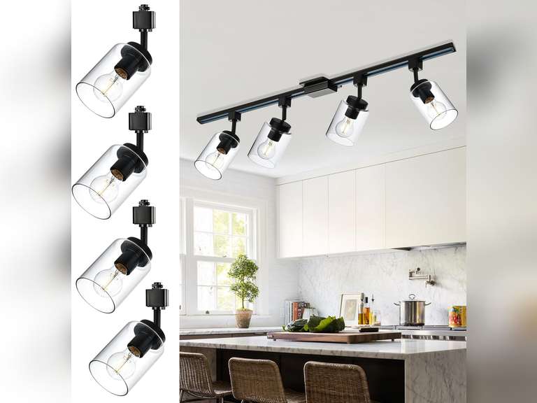 VINLUZ 4 Light Bathroom Vanity Track Lighting Kit with Black Finish, Semi Flush Mount Ceiling Light with Rotatable Light Head, Directional Spotlights, Clear Glass Shade 110