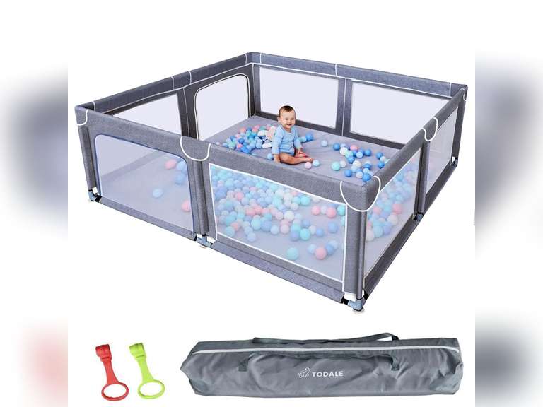 TODALE Durable Baby Playpen 70"x59" - Tear-Resistant Yard with Anti-Slip Suckers - Breathable Mesh Gate for Toddlers and Infants, Sleep & Activity - Grey - Playpen for Babies and Toddlers 126