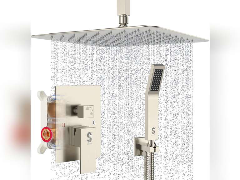 SR SUN RISE 16 Inches Brushed Nickel Shower System Bathroom Luxury Rain Mixer Shower Combo Set Ceiling Mounted Rainfall Shower Head Faucet (Contain Shower Faucet Rough-In Valve Body and Trim) 270