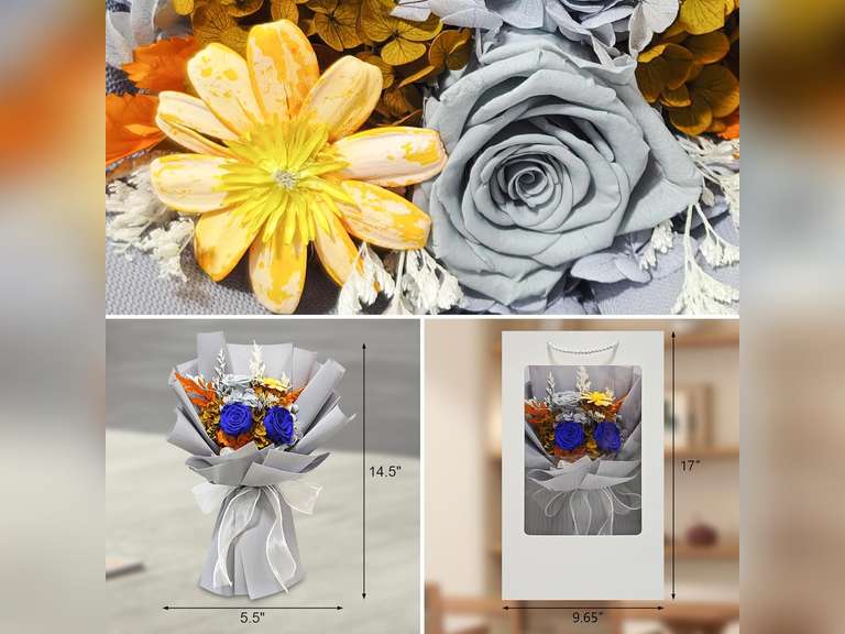 Forever Flowers Bouquet in Luxury Gift Box - Handmade Preserved Real Roses Hydrangea, 3-5 Years Long Lasting, Mothers Day Gift for Her, Wife, Mom Romantic Birthday/Valentine Gifts (Blue) 29