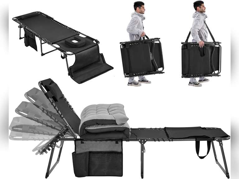 Yaheetech Outdoor Folding Tanning Chair, Portable Tanning Lounger with Removable Padded Cushion and Face Hole, 5-Position Adjustable Chaise Lounge Chairs, for Patio, Beach, Lawn, Black (similar, check the picture) 68
