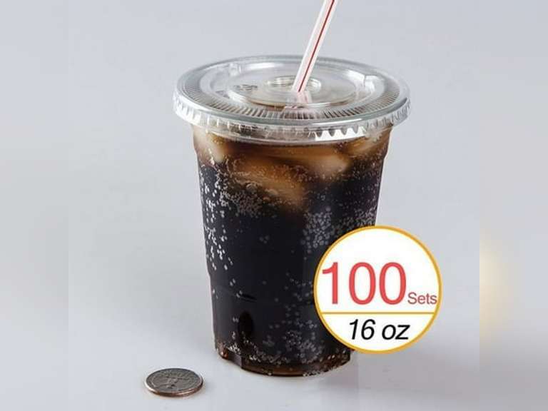 TashiBox Disposable Plastic Cups with Flat Lids, 100 Sets, 16 oz, Crystal Clear 62