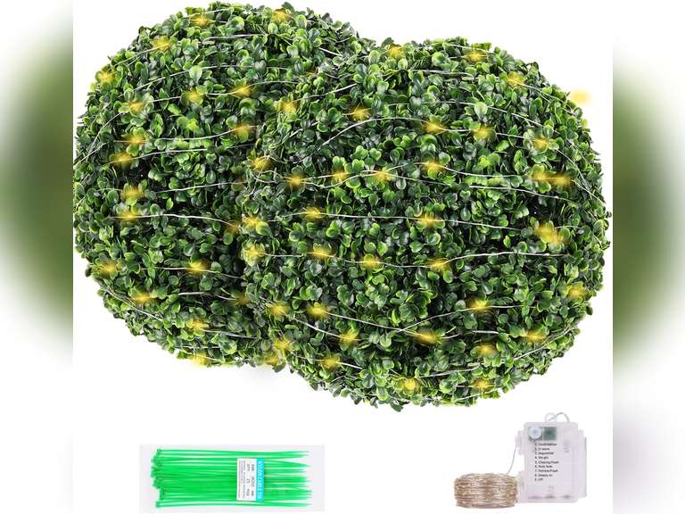 2 Pcs 19 inch Boxwood Topiary Ball with 2 LED String Light, 8 Layers Dense Leaves Artificial Boxwood Ball Faux Boxwood Plant Artificial Outdoor Plant Decorative Balls for Garden, Balcony, Home D cor 46