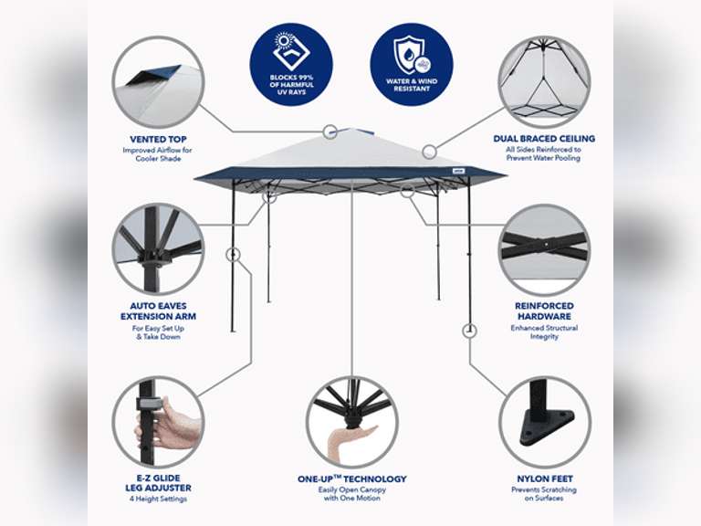 E-Z UP 13x13 ONE-UP Instant Canopy Tent Pop Up Outdoor Shade Tent with Vented Top, Adjustable Height & Roller Bag 169