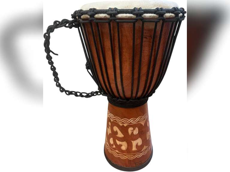 Terre Percussion Djembe Standard line carve Handmade Drum Circle Instrument, Carved Mahogany, 20" tall, 10" head, NK149 135