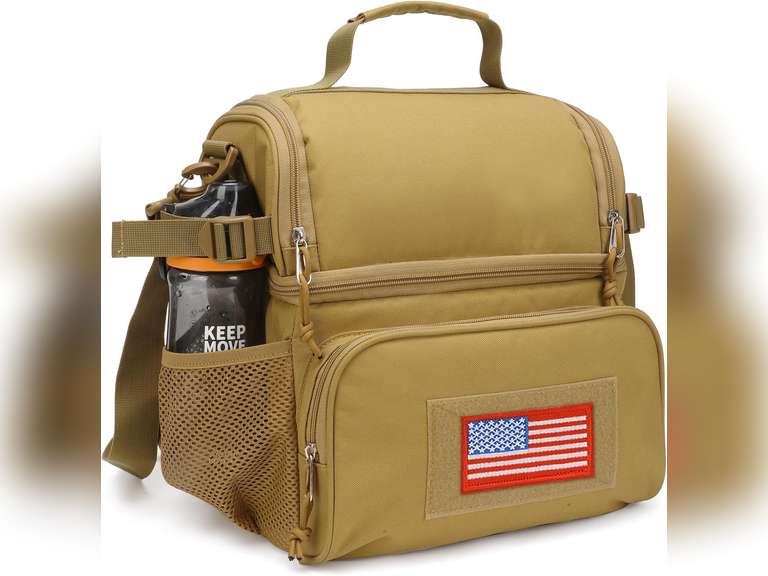 ATRIPACK 2 Compartment Lunch Bag for Men Adult, Tactical Lunch Box Leakproof Insulated Large Cooler Bag for Work with Adjustable Shoulder Strap Flag Double Layer Lunch Pail Brown 32