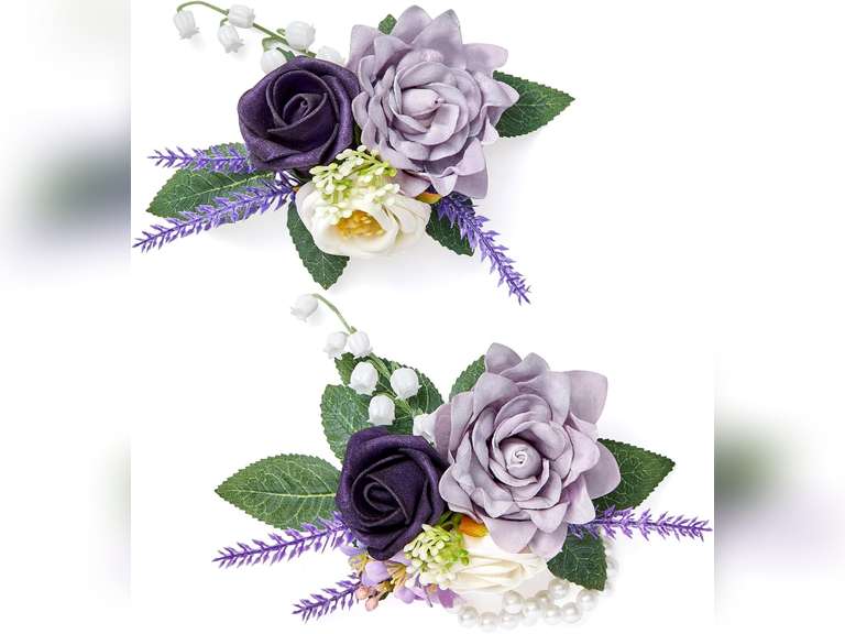 Light Purple Rose Boutonniere and Wrist Corsages for Wedding(Set of 2) Prom Corsage for Bridesmaid Mother Grandmother, Artificial Flowers for Homecoming Party Anniversary Graduation Decor 18