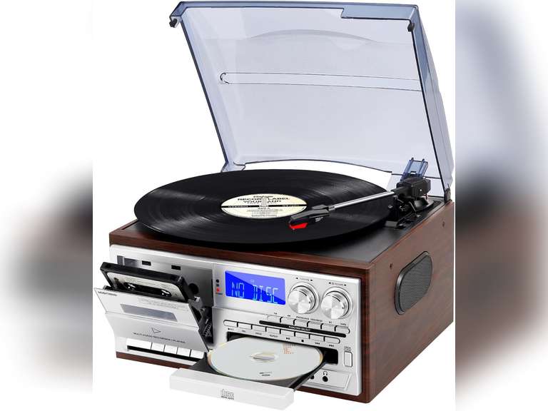 Record Player 9 in 1 3 Speed Bluetooth Vintage Turntable CD Cassette Vinyl Player AM/FM Radio USB/SD Playback Aux-in RCA Line-Out (Silver) 150