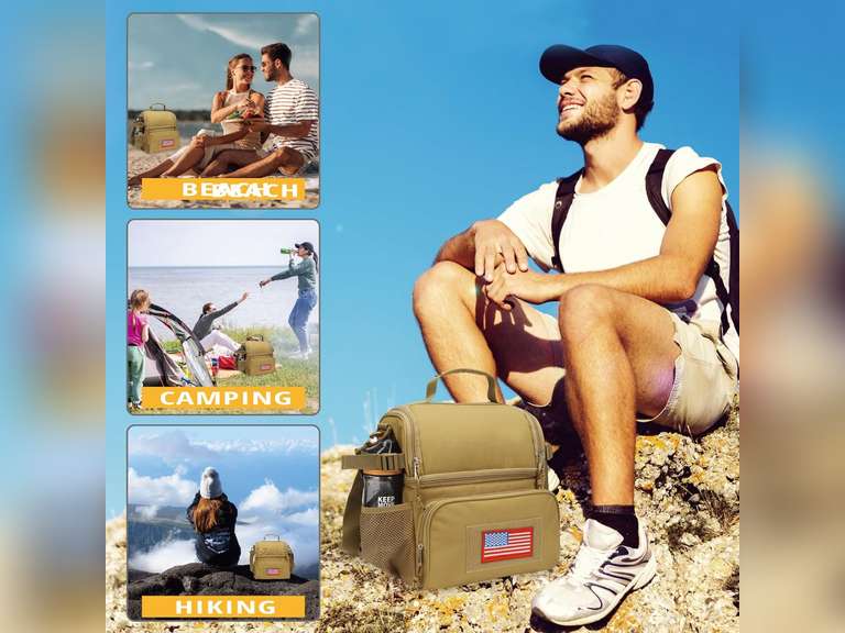 ATRIPACK 2 Compartment Lunch Bag for Men Adult, Tactical Lunch Box Leakproof Insulated Large Cooler Bag for Work with Adjustable Shoulder Strap Flag Double Layer Lunch Pail Brown 32