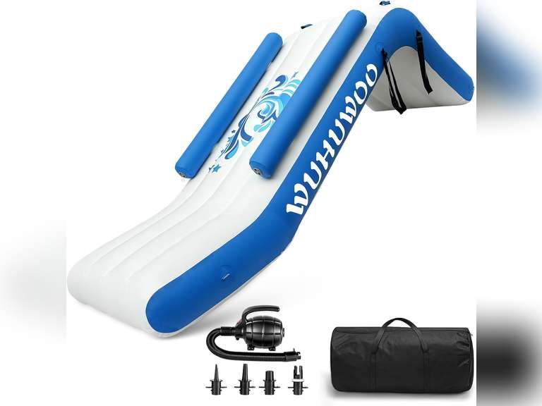 Pontoon Waterfall Slide, Inflatable Pontoon Boat Water Slide for Kids Backyard Pool Sea, Electric Air Pump & Storage Bag 350