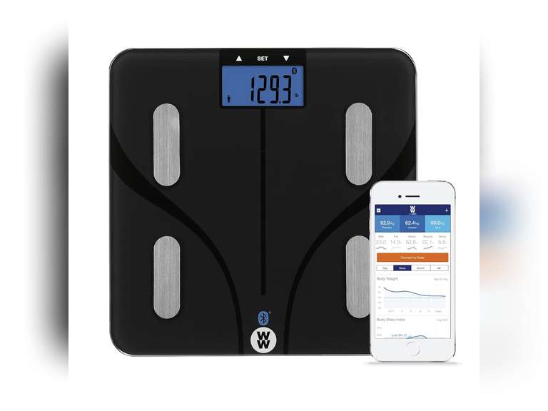 Weight Watchers Scales by Conair Smart Scale for Body Weight, Digital Bluetooth Smart Bathroom Scale with Body Fat, Muscle, and BMI in Black 61