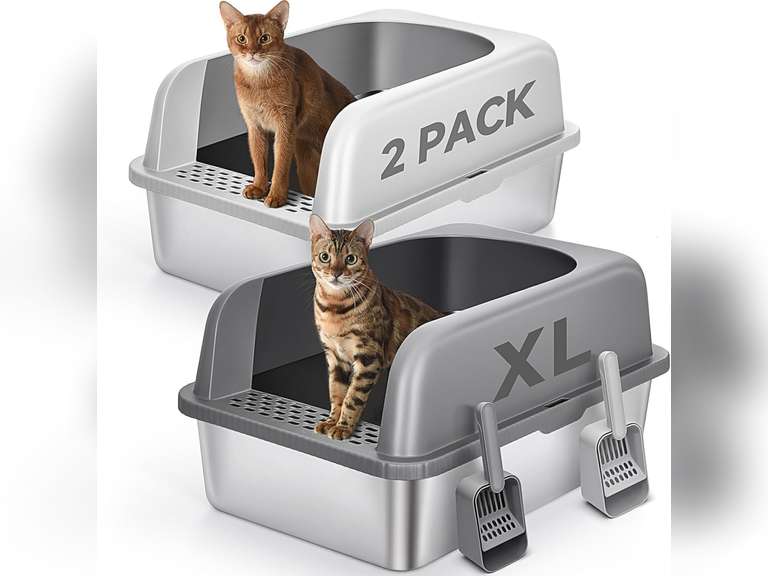 2 Pack Stainless Steel Cat Litter Box with Lid, XL Extra Large Metal Box for Big Cats, 24" L x 16" W x 12" H, Enclosed Litter Box High Sided, Non-Sticky, Include Litter Scoop 69