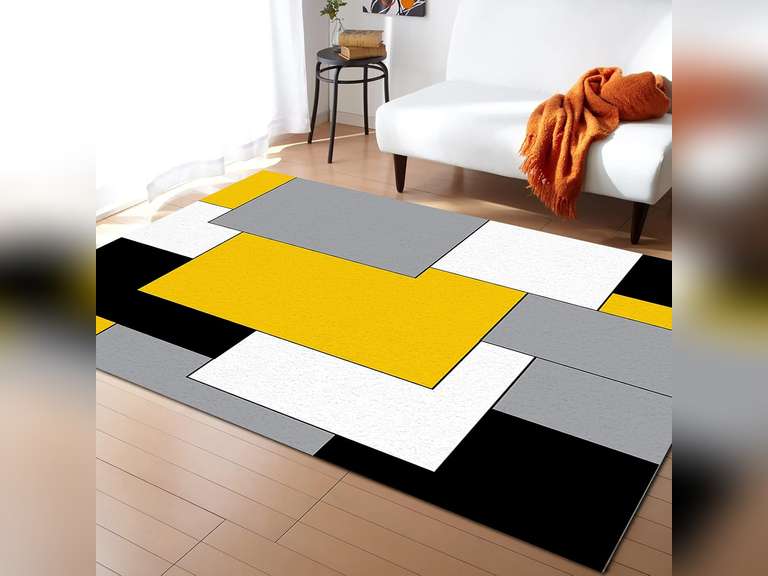 Yellow Black Geometric Area Rugs Indoor Non-Slip Rectangle Rug 2.7x5 ft, Abstract Color Block Yellow Black Gray Rug Rubber Backing Floor Mats Contemporary Home Decor Carpet for Entryway Living Room 53