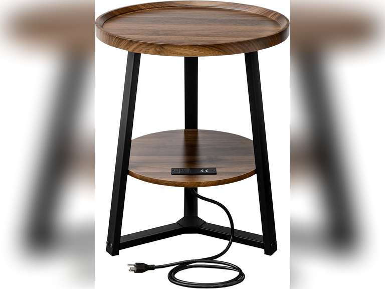 Round End Table with Charging Station, 19.7" Dia x 23.63" H, Side Table with Storage Shelf, Accent Table, for Living Room, Bedroom, Small Spaces, Metal Frame, Industrial Style (Brown + Black) 66