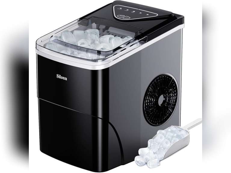 Silonn Ice Maker Countertop, 9 Cubes Ready in 6 Mins, 26lbs in 24Hrs, Self-Cleaning Ice Machine with Ice Scoop and Basket, 2 Sizes of Bullet Ice for Home Kitchen Office Bar Party 90