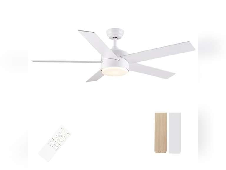 SNJ Ceiling Fan with Light and Remote, 52 inch White Ceiling Fan with Light, Modern Ceiling Fan for Bedroom, Kitchen, Outdoor, 5 Wooden Blades, Noiseless Reversible DC Motor, Dimmable 110