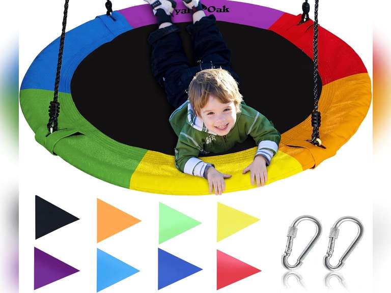 Royal Oak Saucer Tree Swing,Giant 40 Inches with Carabiners and Flags, Heavy Duty 1680D Oxford Fabric,700 lb Weight Capacity, Steel Frame,Waterproof, Easy Install Step by Step Instructions (Rainbow) 100