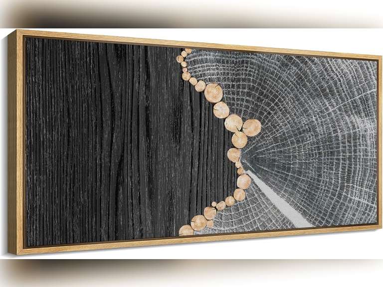 Framed Canvas Print Wall Art Artistic Tree Rings and Black Wood Grain Illustrations Modern Art Calm Warm for Living Room, Bedroom, Office - 40 x20 99