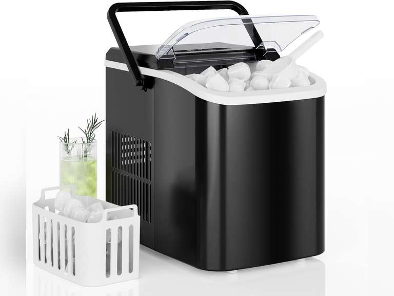 DUMOS Countertop Ice Maker with Handle, 26lbs/24H Portable Ice Machine, 9 Bullet Ice Cubes Ready in 6 Mins, Self-Cleaning, Quiet Compact Ice Maker for Home, Kitchen, RV, Camping, Black 50
