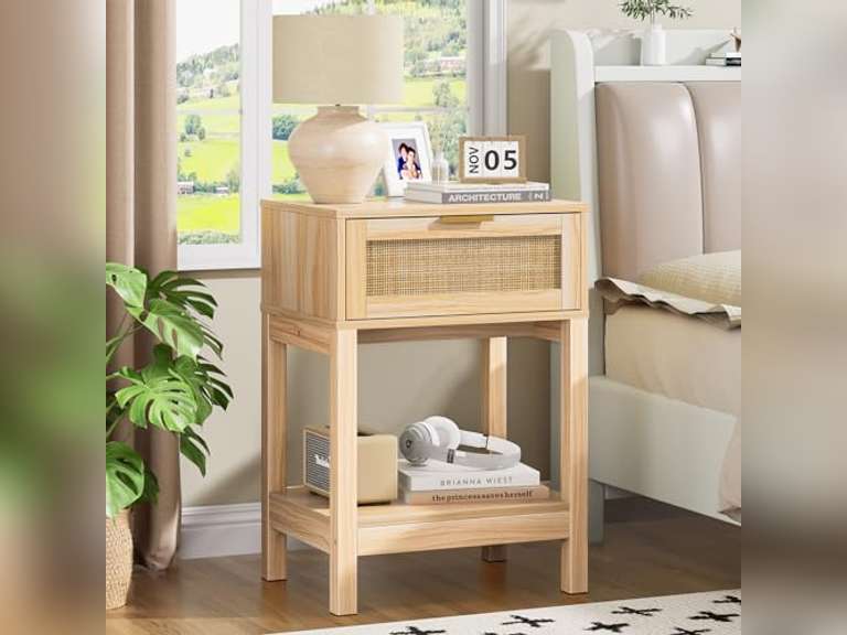 (See pictures)Rattan Nightstand Set of 2, Side Table with Drawer Open Shelf, Cane Accent Bedside End Table with Solid Wood Legs, Boho Bedside Table End Table Side Table Accent Table for Bedroom, Dorm & Small Spaces 130