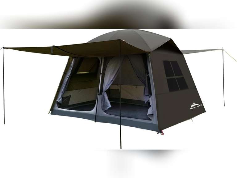 Three Bears 6-Person Tent, 3000mm Waterproof Double-Layer Tent with Room Dividers, Family Tent with Color-Coded Connection Buckles, Front and Rear Vestibules Can Be Set Up as Sunshade Canopies 200