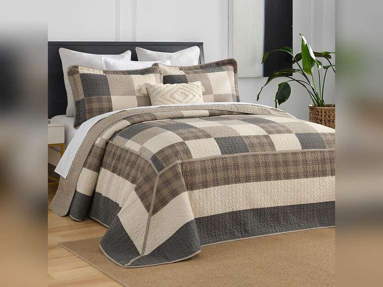 SahSahCasa 120"x120" 100% Cotton Oversized California King Bedspread Coverlet Quilt Set, Cal King Quilted Bedspread Extra Large Quilt, XL Bed Spread Lightweight Comforter, 3pc, Charcoal/Beige/Brown 180