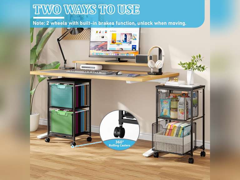 Rolling File Cart with 2 Storage Drawers, Under Desk Storage, Hanging File Folder Organizer with Wheels, Printer Stand Utility Craft Cart Filing Cabinet for Home Office,Black 50