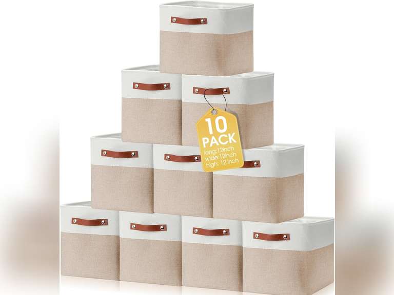 Uiifan 10 Pcs Collapsible Storage Bins Fabric Foldable Storage Basket with Handles Cloth Organizer Linen Shelf Baskets for Shelves Home Closet Nursery Toys(12 x 12 x 12 Inch, Grey and White) 48