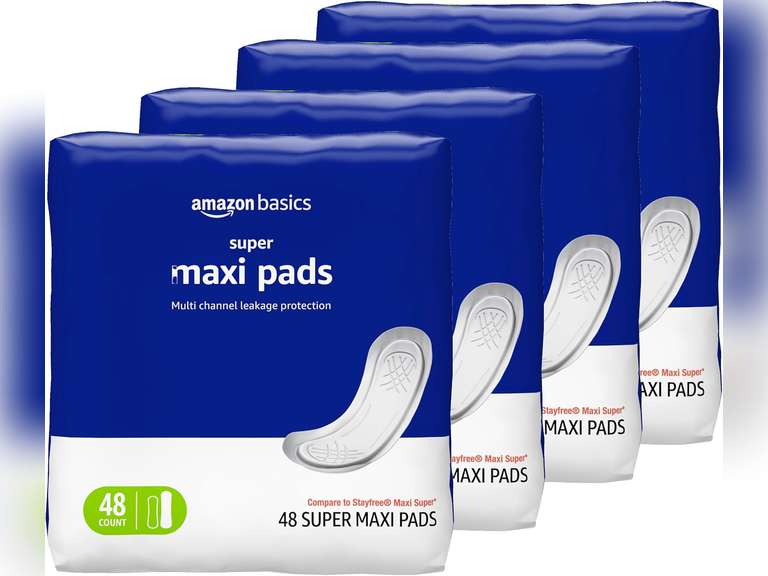 Amazon Basics Maxi Pads for Periods- Thick, Super Absorbency, Unscented, 192 Count, (4 Packs of 48) 18