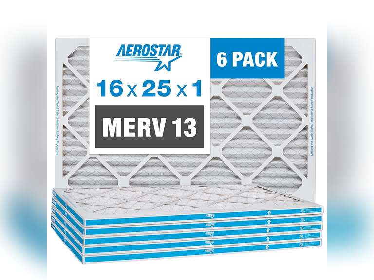 Aerostar 16x25x1 MERV 13 - 6 Count - Pleated HVAC, Furnace & Air Conditioner Filters - Removes Bacteria, Dust, Cold & Flu Germs, Lint, Mold, Pet Dander, Allergy-Causing Pollen, Smog, Smoke & Viruses 44