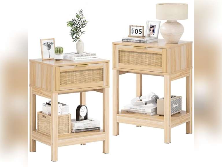 (See pictures)Rattan Nightstand Set of 2, Side Table with Drawer Open Shelf, Cane Accent Bedside End Table with Solid Wood Legs, Boho Bedside Table End Table Side Table Accent Table for Bedroom, Dorm & Small Spaces 130