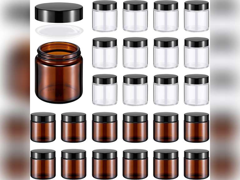 Norme 24 Pcs 4 oz Glass Jars with Lids Leakproof Round Airtight Empty Cosmetic Jars with Inner Liners Lid for Storing Lotions Powder Ointments Candle Making Tins (Black,Amber and Clear) 27