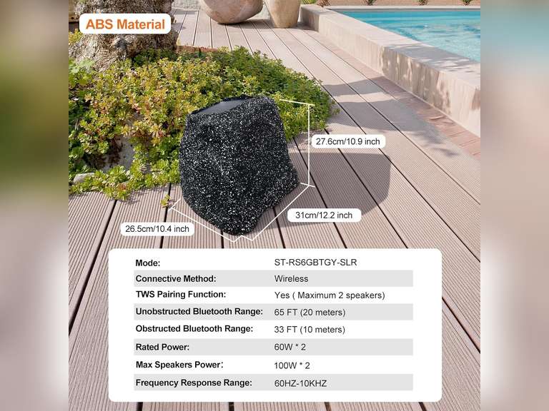 STUDIOFINIX 6.5" Rock Speakers Outdoor Waterproof - 5.3 Bluetooth Wireless Speaker Solar Powered Max Peak 200W for Garden,Patio,Deck,Pool,Backyard (Gray 1 Pair) 200