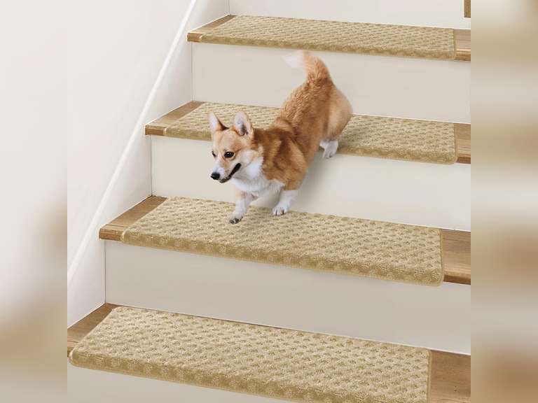 Bullnose Stair Treads Non Slip 9.5" x 32", 7 Pcs Carpet Stair Treads for Wooden Steps Indoor with Edge Protection, Reusable Peel and Stick TPU Backing Stair Runner Rugs - Lattice Pattern Beige 80