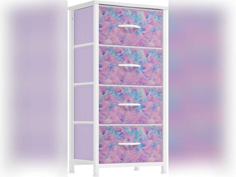 DWVO Dresser with 4 Drawers - Storage Tower Unit, Dresser for Bedroom, Living Room, Closets - Sturdy Steel Frame, Wooden Top & Easy Pull Fabric Bins, Purple 31