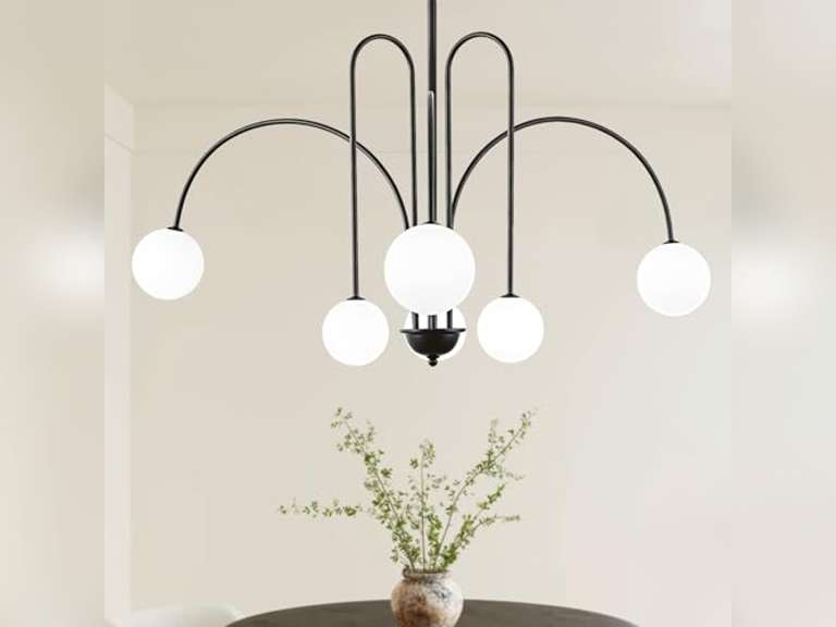 Modern Black Chandelier, 6-Light Sputnik Globe Chandelier, 40" Large Mid Century Glass Pendant Light Fixture for Foyer, Entryway, Dining Room, Kitchen Island, Living Room, Bedroom 180
