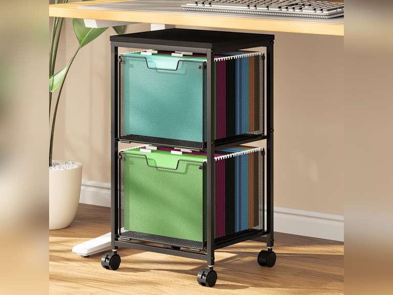 Rolling File Cart with 2 Storage Drawers, Under Desk Storage, Hanging File Folder Organizer with Wheels, Printer Stand Utility Craft Cart Filing Cabinet for Home Office,Black 50
