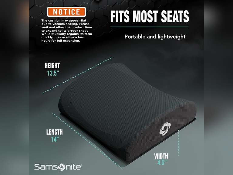 SAMSONITE Lumbar Support Pillow For Office Chair and Car Seat, Perfectly Balanced Memory Foam , Versatile Use Lower Back Cushion 22