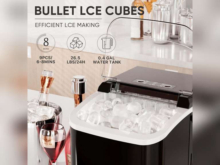 DUMOS Countertop Ice Maker with Handle, 26lbs/24H Portable Ice Machine, 9 Bullet Ice Cubes Ready in 6 Mins, Self-Cleaning, Quiet Compact Ice Maker for Home, Kitchen, RV, Camping, Black 50