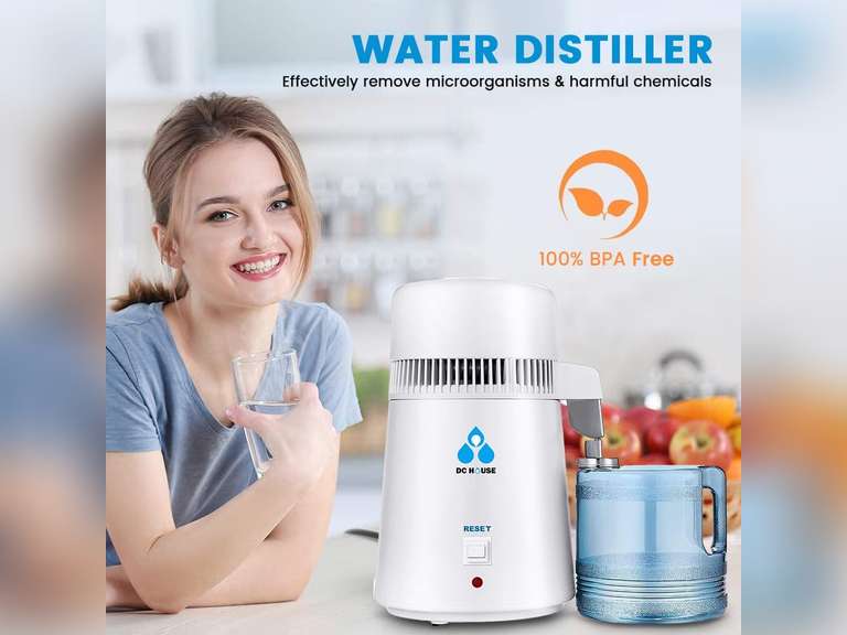 DC HOUSE 1 Gallon Water Distiller Machine, 750W 4L Pure Distilled Water Maker Machine for Home Countertop Table Desktop, Drinking Purifier for Home Kitchen CPAP Hmidifiers with Pastic Container 79