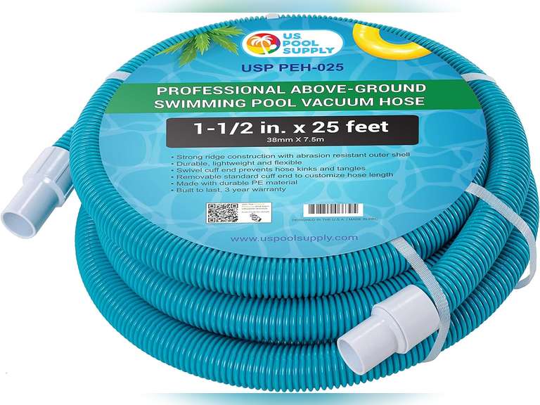 U.S. Pool Supply 1-1/2" x 25 Foot Professional Above Ground Swimming Pool Vacuum Hose with Swivel Cuff - Removable Cuff, Cut to Fit - Compatible with Filter Pumps, Filtration Systems, Chlorinators 30