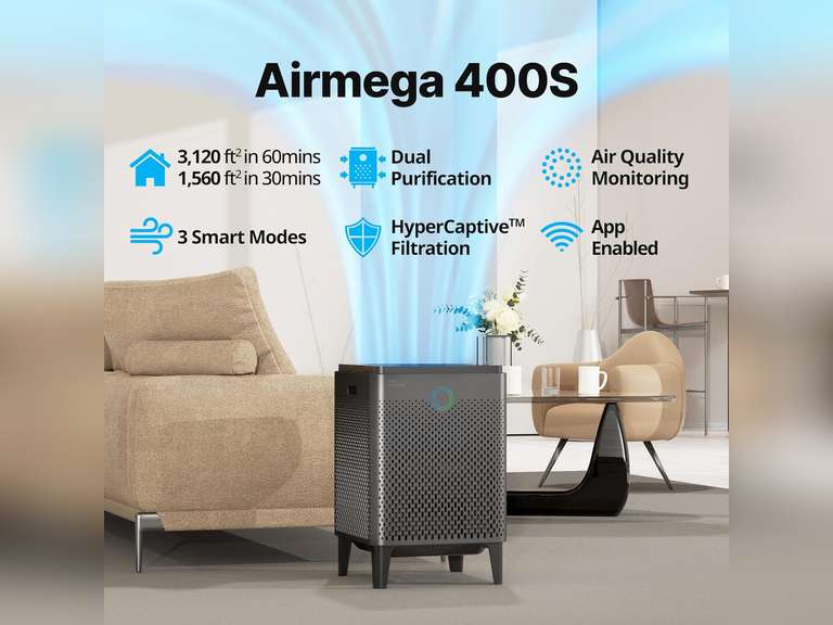 Coway Airmega 400S(G) App-Enabled Smart Technology Compatible with Amazon Alexa True HEPA Air Purifier, Covers 1,560 sq. Ft, Graphite 550